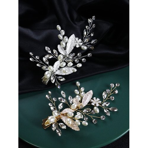 Brihasory Vintage Flower Hair Clips for Women or Girls Gold Leaf Wedding Hair Accessories for Brides Pearl Tiaras Bridal Headpieces 90s Party Prom Curly Hair Decoration Bridesmaid Gifts (Gold)