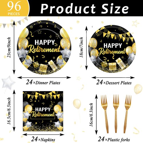 gisgfim 96 Pcs Retirement Party Plates and Napkins Party Supplies Black and Gold Happy Retirement Party Paper Tableware Set Disposable Decorations Favors for Men Women for 24 Guests