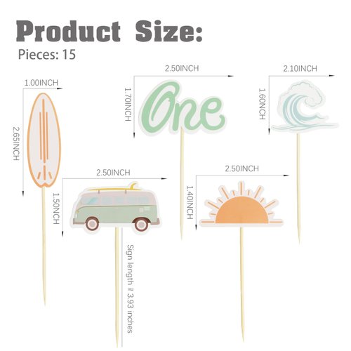 The Big One Cupcake Toppers, 1st Birthday Ocean Surf Cupcake Toppers，"ONE" Birthday Cake Decoration,Surf Bus Cake Topper，Swimming Beach Themed Party Ocean Baby Shower Party Supplies
