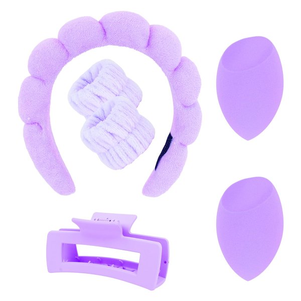 Semato 6pcs Spa Headband And Wristband Set with Hair Claw Clips and Makeup Sponge Skincare For Washing Face Sponge Headband Bubble Headband Beauty Gifts For Women and Girls (purple)