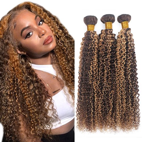 Highlight Kinky Curly 3 Bundles 4/27 Human Hair Bundles 100% Unprocessed Virgin Hair Curly Wave Human Hair Bundles 16 18 20 Inch Curly Wave Remy Hair Weave Bundles Piano Color for Black Women