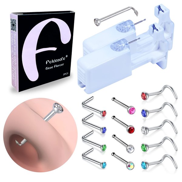 Firstomato 2 Pack Self Use Nose Piercing Gun Safe Nose Piercing Kit Tool Painless and Allergy Free Nose Piercer with Hypoallergenic Nose Studs