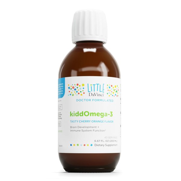 DAVINCI Labs kiddOmega-3 - Liquid Omega-3 Supplement for Kids - for Immune System, Focus and Brain Support* - with Monk Fruit, DHA, EPA and More - Cherry Orange Flavor - 200mL