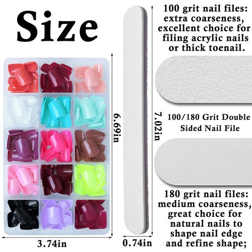 LuckForever 360pc Round Square Short Press on Nails Kids Fake Nails Press ons Square Nail Full Cover Colored Acrylic False Nail Tips Press Nail Short with Nail File Glue Adhesive Tabs for Women Girls