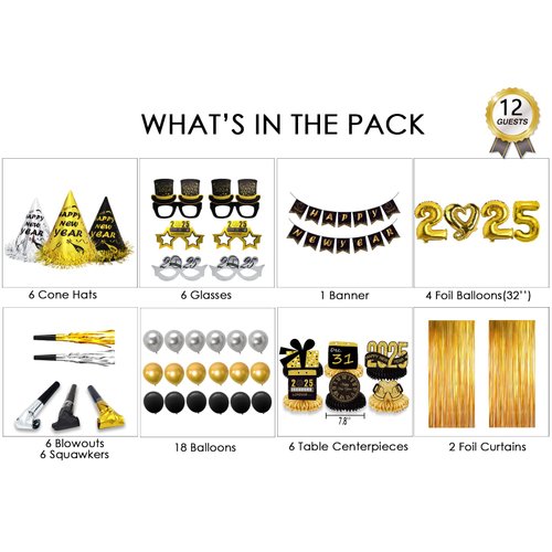 New Years Eve Party Supplies 2025 for 12, New Years Eve Party Decorations, 6 Hat, 6 Glasses, 12 blowouts, 6 Table Centerpiece, 2 Foil Fringe Curtains, 18 Balloons