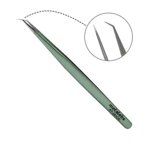 Tweezers for Eyelash Extension - Long 45° Angular Tip Tweezers - Hand Crafted Surgical Stainless Steel Precision Tweezers (Metallic light Green Powder Coated)
