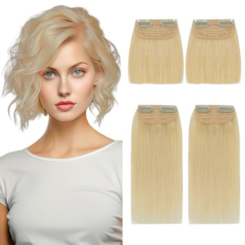 SEGOHAIR 4 Pcs Clip in Short Hair Extensions Real Human Hair Hairpiece 100% Remy Human Hair Toppers for Women With Thinning Hair Adding Hair Volume -Bleach Blonde