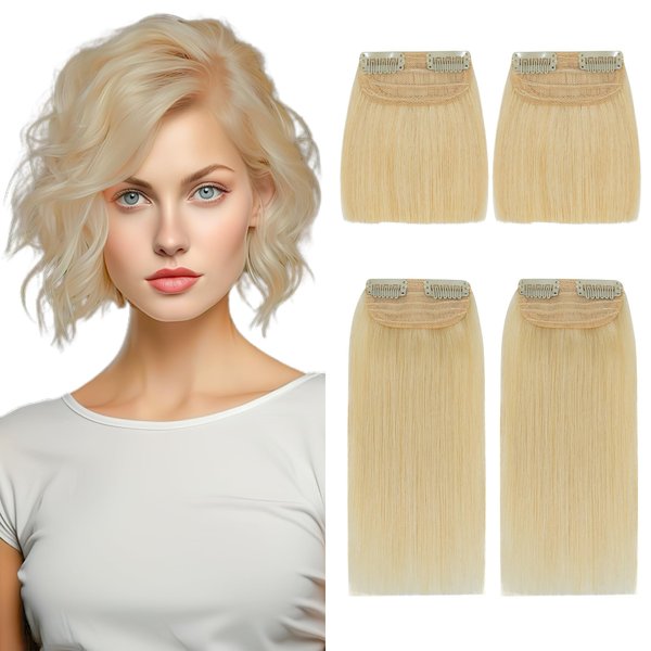 SEGOHAIR 4 Pcs Clip in Short Hair Extensions Real Human Hair Hairpiece 100% Remy Human Hair Toppers for Women With Thinning Hair Adding Hair Volume -Bleach Blonde