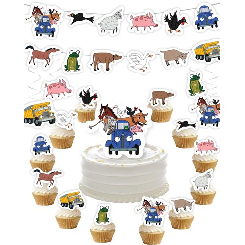 Farm Animal Birthday Party Decorations with Blue Truck (42 Pieces) Birthday Party Banner Cake Topper Cupcake Toppers and Hanging Swirls