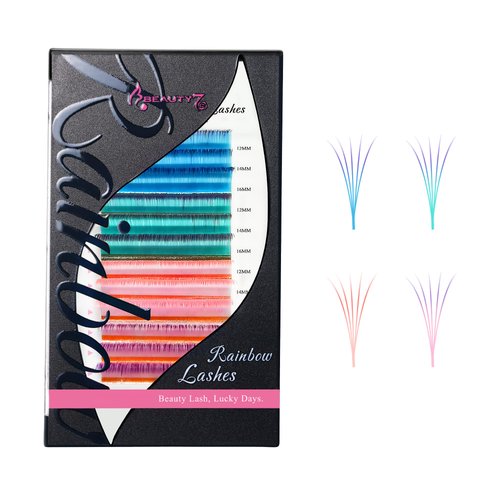 Beauty7 Colored Lash Ombre Lash Extensions Rainbow Lashes Easy Fan Lashes Self Fanning D Curl 0.07mm Thickness 12mm 14mm 16mm Mixed Length Dramatic Eyelashes