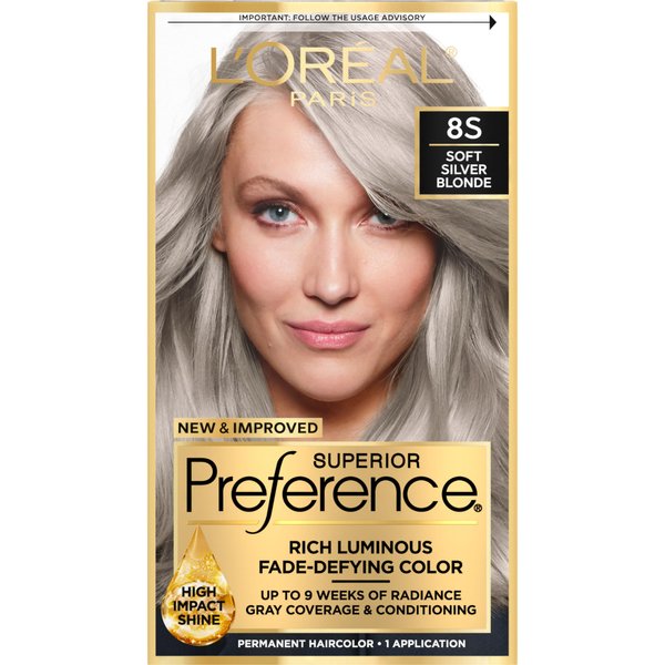 L'Oreal Paris Superior Preference Fade-Defying + Shine Permanent Hair Color, 8s Soft Silver Blonde (Pack of 1), Hair Dye