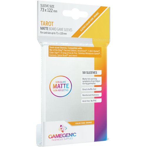 Matte Board Game Sleeves | Pack of 50 Matte Sleeves | 72 by 122 mm Card Sleeves Optimized for Use with Tarot Cards | Premium Card Protection | FFG Orange Color Code | Made by Gamegenic