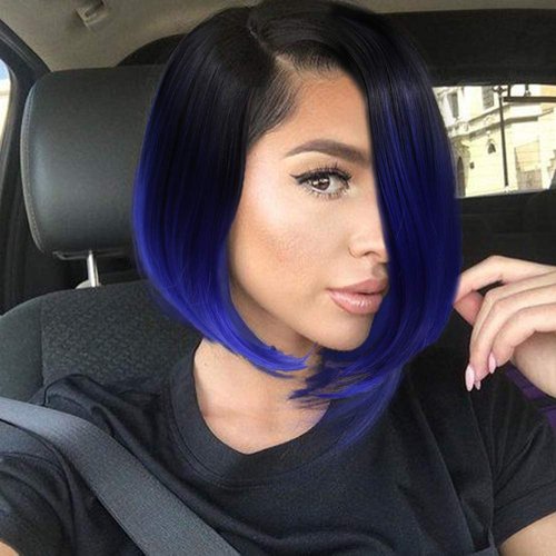 Quick Wig Short Bob Wig Ombre Wig Black to Blue Middle Part Cosplay Party Wig 14 inches Bowl Cut Wig Heat Resistant Fiber Synthetic Wigs for Women Sapphire Blue
