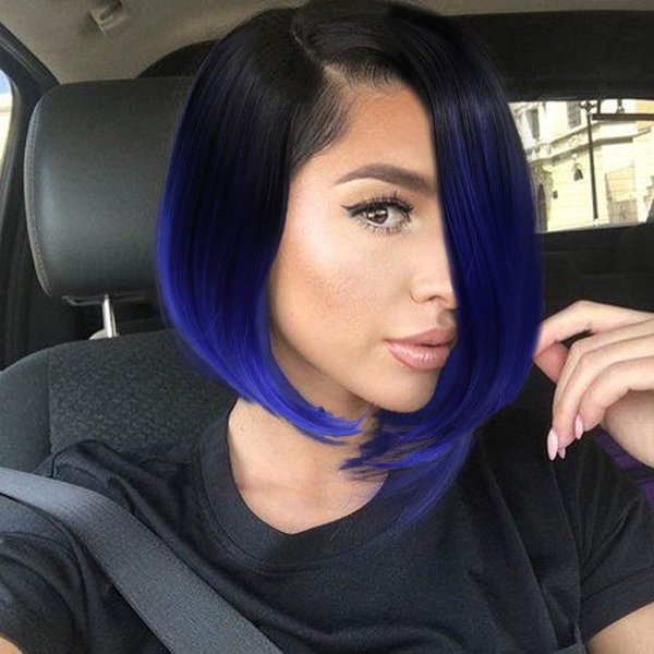 Quick Wig Short Bob Wig Ombre Wig Black to Blue Middle Part Cosplay Party Wig 14 inches Bowl Cut Wig Heat Resistant Fiber Synthetic Wigs for Women Sapphire Blue