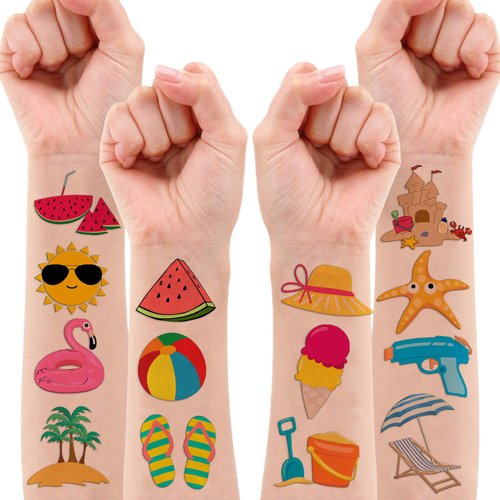 8 Sheets (96PCS) Summer Temporary Tattoo Stickers Beach Theme Pool Birthday Party Decorations Supplies Favors for Kids Boys Girls Gifts Classroom School Prizes Rewards