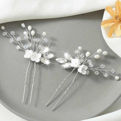 Latious Flower Bride Wedding Hair Pins Silver Crystal Bridal Hair Piece Rhinestone Hair Accessories for Women and Girls (Pack of 2) (A-Silver)