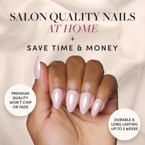 Glamnetic Press On Nails - First Kiss | Short Almond Neutral Pink Nails with a Glaze Finish | 15 Sizes - 30 Nail Kit with Glue