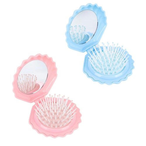 2 Pcs Shell Shape Foldable Mini Brush for Hair,Travel Brushes for Hair With Mirror,Portable Compact Hair Brush,Conch Folding Hair Brush for Women and Purse Must Haves (Blue and Pink)