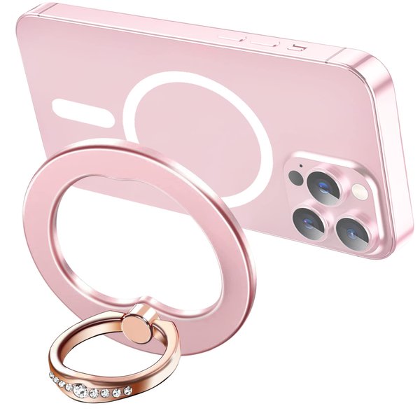 TACOMEGE Crystal Magnetic Phone Grip Holder, Ring Stand for Mag Safe Accessories, for iPhone 15/14/13/12 Plus/Pro Max/Pro/Mini(Rose Gold)