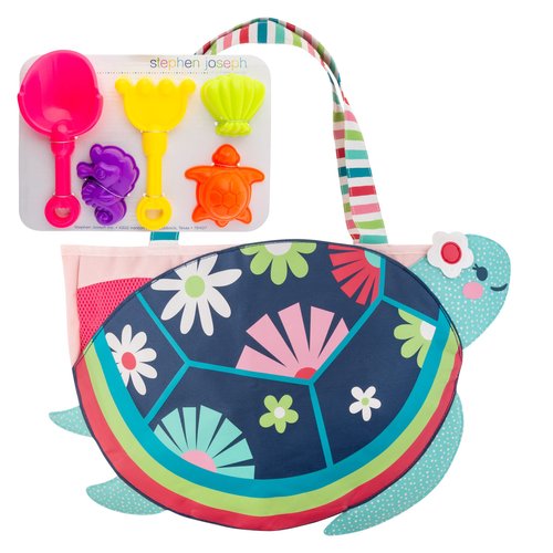 Stephen Joseph, Beach Tote with Sand Toys - Toddler and Baby Beach Toys, Travel Friendly Beach Set, 6 Piece Beach Play Set, Beach Bag with Sand Toys for Toddlers and Kids, Turtle