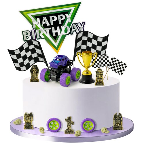 Haooryx Monster Truck Cake Toppers - 40Pcs Green and Purple Monster Truck Racing Car Cake Decoration Dessert Cupcake Cake Topper Christmas Winter Xmas New Year Birthday Party Baby Shower Decor Supplie