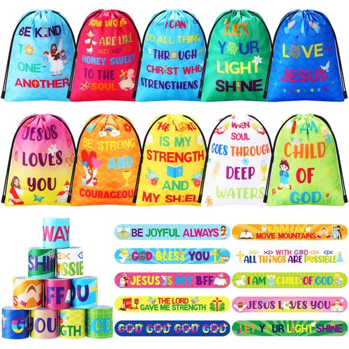 Frienda 10 Sets Christmas Christian Gift Bags Bulk Bible Verse Drawstring Bags with Slap Bracelets Religious Party Favors Jesus Loves You Gifts for Sunday School Classroom Prizes Supplies(Classic)