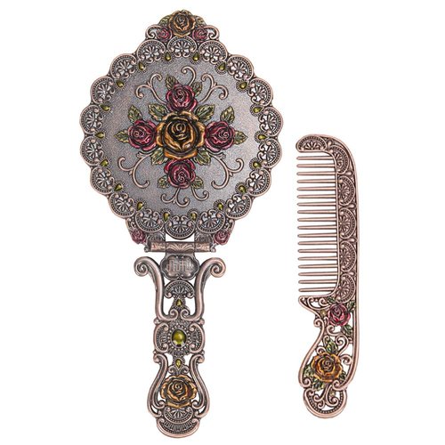 Nerien Vintage Mirror Comb Set Metal Antique Rose Style Handheld Makeup Mirror Travel Round Folding Cosmetic Mirror Women's Vanity Handle Foldable Mirror Decorative Tabletop Mirror Copper