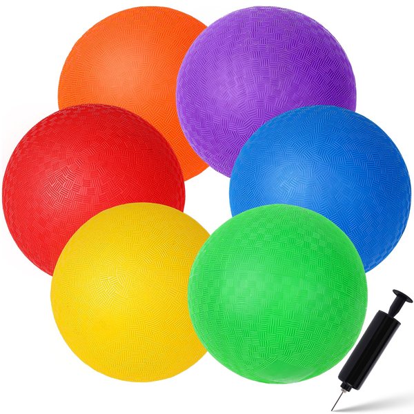 Shindel 6PCS Playground Ball with Air Pump, 5inch Inflatable Dodge Ball Colorful Handball Rubber Kickball No Sting Balls for Kids Ball Games Gym Camps Yoga Exercises Indoor Outdoor