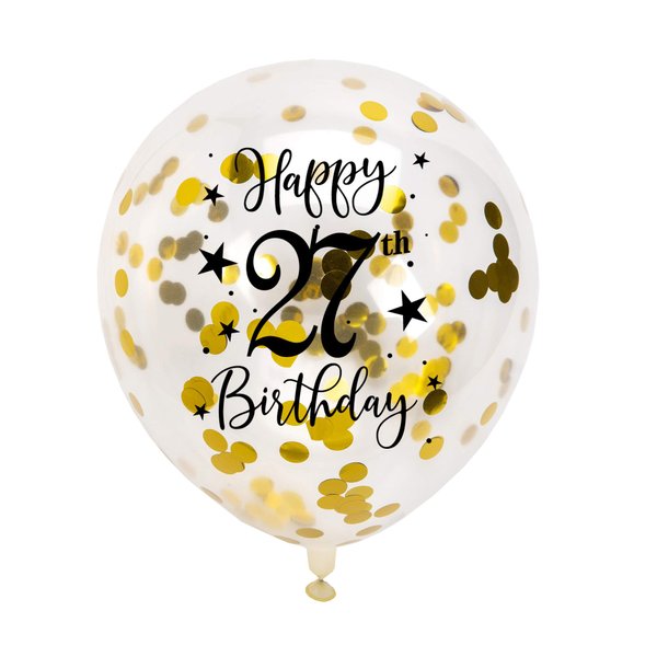 Gold 27th Confetti Latex Balloons, Girls or Boys Happy 27 Years Birthday Party Balloon Decoration With Confetti, 12in, 16 Pack