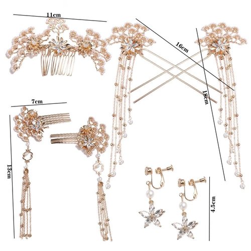 Chinese Hair Sticks,Hanfu Long Tassel Hair Stick Set Traditional Classical Crystal Pearl Hair Pins/Hair Comb/Earrings Classical Style Handmade Hair Accessories for Women Girls