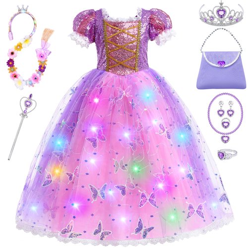 SVMK 10pcs Girls Princess Rapunzel Dress Costume Light Up Kids Toddler Princess Dress Up Clothes Accessories LED Wig Bag Wand Crown Ring Necklace Bracelet Halloween Cosplay (120(5-6Y))