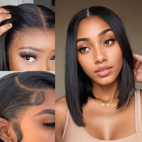 JONAWOON Silk Straight Short Bob Wig Human Hair HD Transparent 13x4 Lace Frontal Straight Bob Wigs Pre Plucked With Baby Hair Natural Hairline 180% Density 14 Inches
