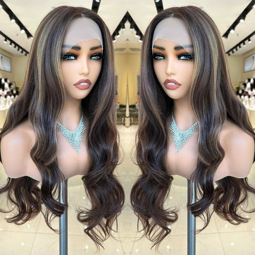 SOKU Lace Front Wigs Synthetic for Women 30 Inch Highlight Brown Wig Long Body Wave Heat Resistant Wigs T part Transparent Swiss lace Wig for Daily Wearing Pre Plucked Glueless Lace Wig