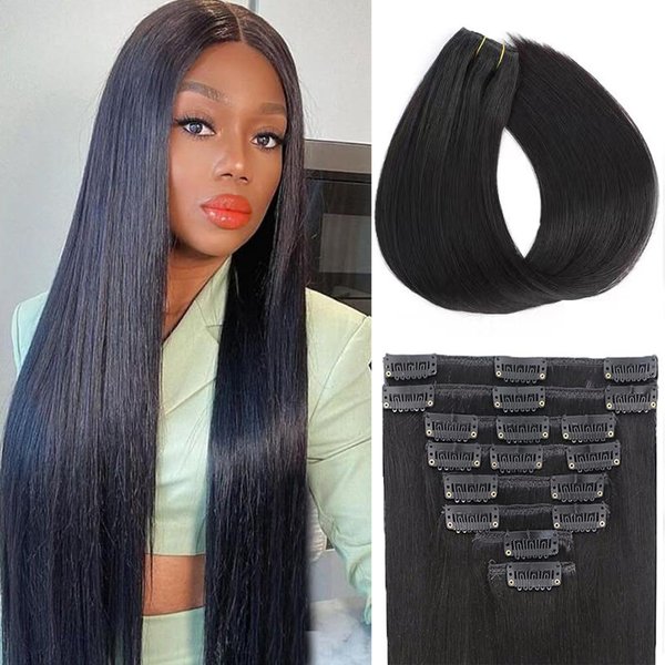 Straight Human Hair Clip In Hair Extensions 75g/pack Natural Black Clip In Extensions 8pcs Human Hair Clip-In Hair Extensions Double Weft Clips In Human Hair Extensions 22inch
