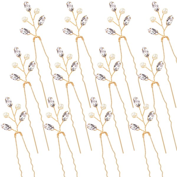 Luinabio 12 Pcs Crystal Bride Hair Pins Bridal Wedding Pearl Rhinestone Hair Pieces Vintage Wedding Hair Accessory Party Hair Pins for Women Bridesmaids(Gold)