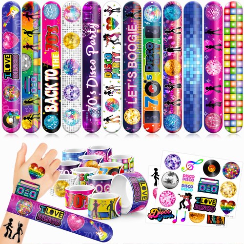 48 70s Disco 24PCS 70s Disco Temporary Tattoos Sticker 24PCS Slap Bracelets Perfect for Themed Birthday Party Favors Baby Showers or Classroom Rewards Ideal Decor and Gifts for Girls and Boys