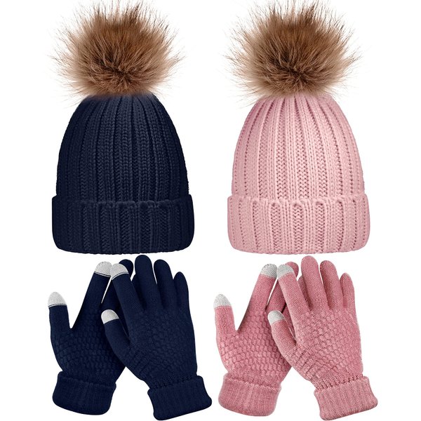 4 Pieces Winter Hat and Gloves Set Women Beanie Hat Gloves Skull Cap Touchscreen Gloves for Women Girl Lady Couple (Navy Blue, Pinkish Pink)