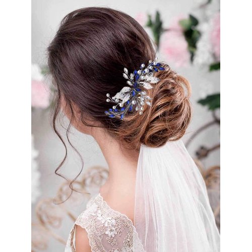 Unsutuo Bride Wedding Hair Comb Blue Rhinestone Bridal Hair Accessories for Wedding Hair Pieces for Women and Flower Girls