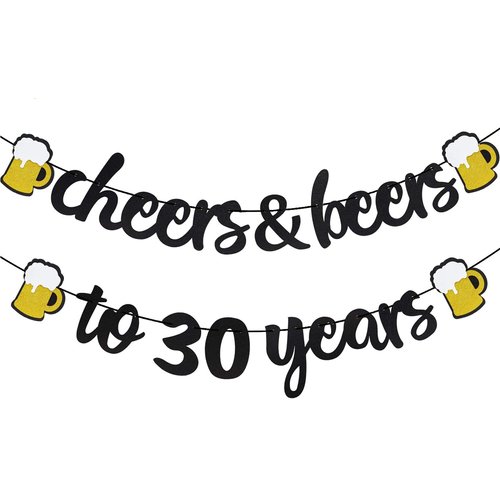 Joymee Cheers & Beers to 30 Years Black Glitter Banner for 30th Birthday Wedding Aniversary Party Supplies Decorations - PRESTRUNG (Cheers & Beers to 30th Years)