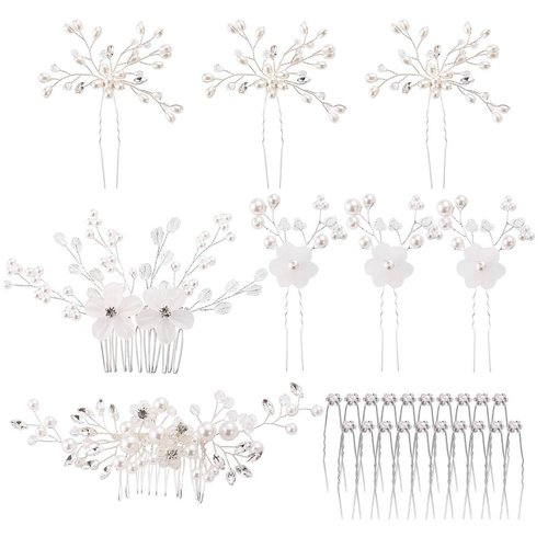 inSowni 28 Pack Silver Flower Pearl Wedding Bridal Hair Side Combs+U Shaped Hair Pins Clips Rhinestone Crystal Decorative Accessories Headpieces for Women Girls Brides Bridesmaids
