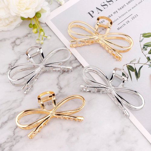 Vovii Metal Bow Claw Hair Clips for Thin/Thick Hair - Cute Bow-Shaped Hair Claw Clips with Bows for Women (Gold, Silver)