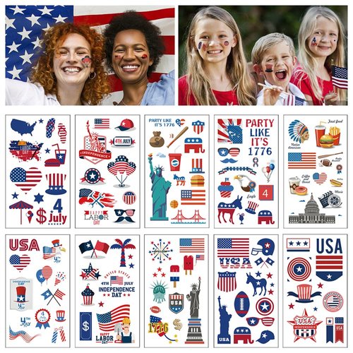 ABTOLS 10 Sheets Patriotic Tattoos, Veterans Day American Flag Red White Blue Design Fake Tattoos USA Body Art Patriotic Stickers for Labor Day Memorial Day Party Supplies
