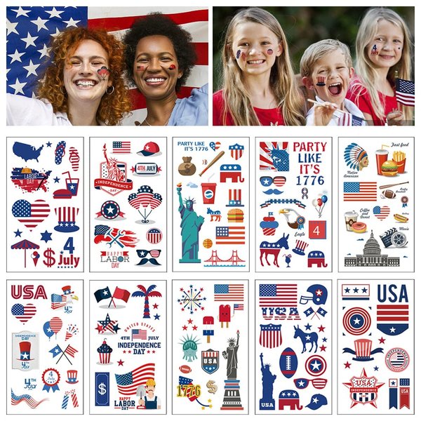 ABTOLS 10 Sheets Patriotic Tattoos, Veterans Day American Flag Red White Blue Design Fake Tattoos USA Body Art Patriotic Stickers for Labor Day Memorial Day Party Supplies