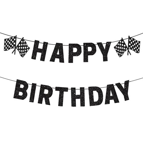 PANRRPERS Red Race Car Party Banners Happy Birthday Banners Car Theme Checkered Garlands Banners Racing Car Birthday Decorations Party Supplies (Glitter Black)