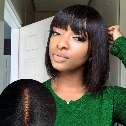 KEVVTY Human Hair Bob Wig With Bangs, Natural Black Straight 3X2 HD Lace Glueless Bob Wigs For Women 180% Density Short Black Bob Wigs With Bangs 100% Human Hair Bob Wig (10 Inch, Natural Black)