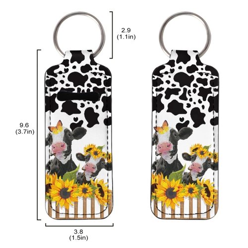ENLACHIC Cute Print Chapstick Keychain Holder Lip Balm Holder Sleeve Pouch Lipstick Holder Keychains for Women Girls,Cow Sunflower