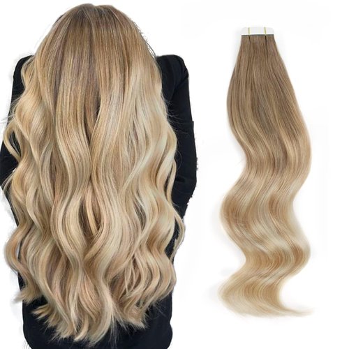 ABH AMAZINGBEAUTY HAIR Tape in Extensions Human Hair 18 Inch Balayage Tape in Hair Extensions Ash Brown Fading into Dirty Blonde with Platinum Blonde Tape Extensions Highlight #B8-18-60 50G 20pcs