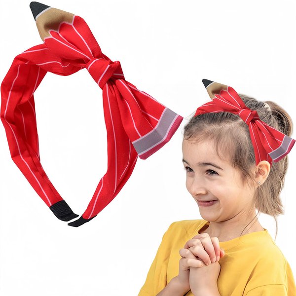 HIFANMM Back to School Headband Red Pencil Hair Accessories for Women Girls Stripe Pen Big Bowknot Hair Decoration Students Teachers Outfits Non Slip Hair Band First Day of School Supplies 1 Pcs