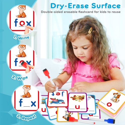 KMUYSL Learning Toys for 2 3 4 5 Years Olds Boys Girls, Short Vowel Spelling Flashcards, CVC Sight Words Handwriting Cards, Learn to Write Phonics Flash Cards, Presschool Educational Toy for Kids