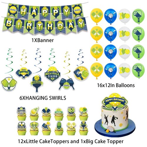 36PCS Pickleball Birthday Party Decorations Party Supplies Includes Pickball Birthday Banner-Hanging Swirls-Cake Topper-Cupcake Toppers-Balloons for Pickball Party Favor Decorations